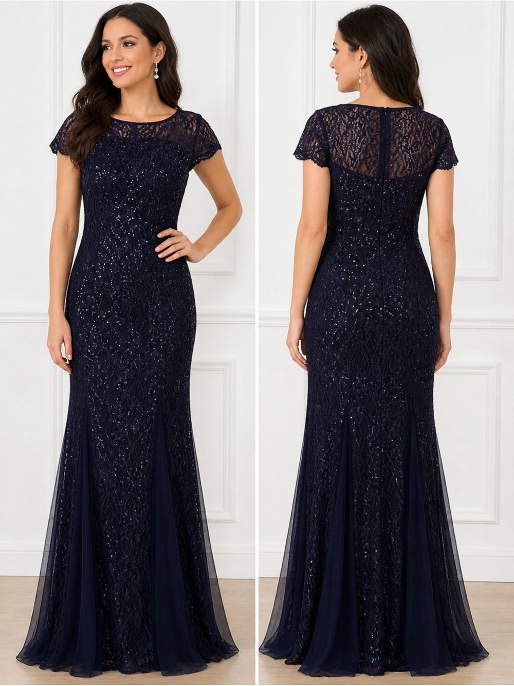 Blu Sage Navy Lace Sequin Maxi Dress Formal Evening Size 16